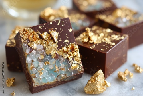Luxurious Chocolate Treats with Edible Gold and Crushed Crystals Artfully Decorated on Rich Dark Chocolate Confections Perfect for Gourmet Indulgence and Special Occasions