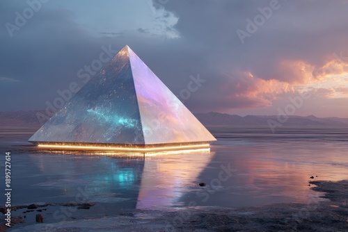 Mesmerizing Glass Pyramid Shimmering Over Serene Reflective Water Under Colorful Sunset Sky with Mountain Range in Background