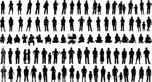 Large Set of Diverse Children Silhouettes Standing Playing and Walking with Backpacks Isolated on White Background for School Education Childhood Youth and Creative Design