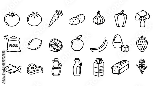 Food icons including fruits and vegetables.