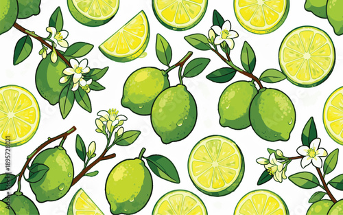 Fresh Green Limes with Slices and Flowers Seamless Pattern