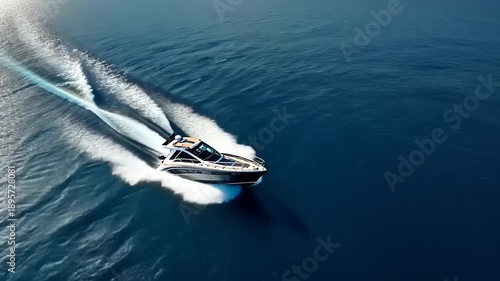 A sleek motorboat speeds across the deep blue ocean, leaving a trail of white foam in its wake