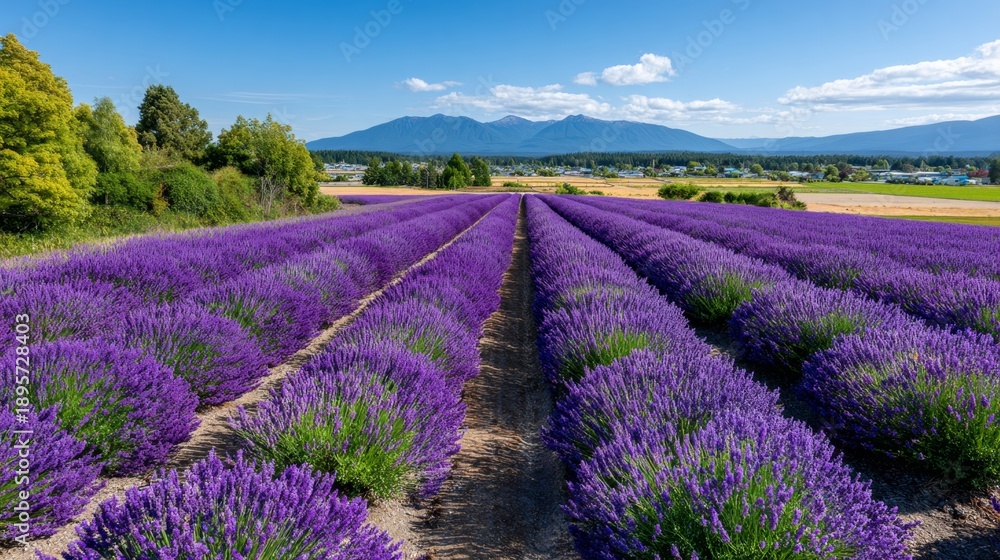 Obraz premium Beautiful Lavender Field in Full Bloom with Mountain View and Blue Sky.