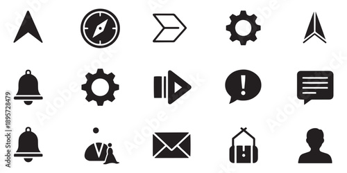 Set of fifteen black silhouette user interface and navigation icons: compass, gears, bells, chat bubbles, a mail envelope, and user profiles, all isolated on a pristine white