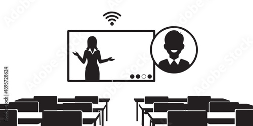 Empty classroom with chairs and desks facing a large screen displaying a female presenter and a male participant's video feed, symbolizing online education.