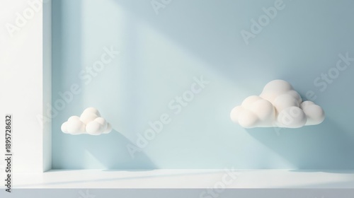 Serene Minimalist Scene with Floating Cloud Sculptures on a Pale Blue Wall