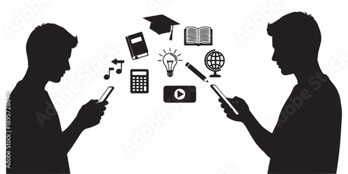 Two young men silhouetted with smartphones, surrounded by icons representing modern education and technology, such as a light bulb, calculator, and globe.