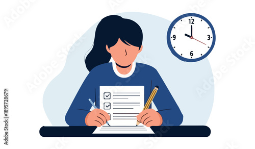 Illustration of a woman with a ponytail, wearing a blue sweater, focused on completing a checklist on a paper with a pencil and pen, with a clock indicating time passing.
