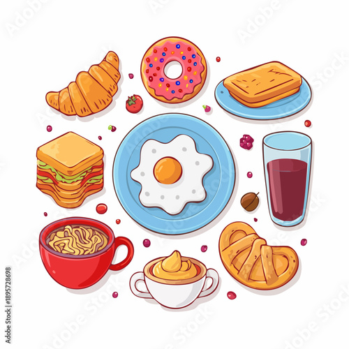 Breakfast Food Flat Lay Vector Illustration with Egg, Bread, Pastry, and Drinks