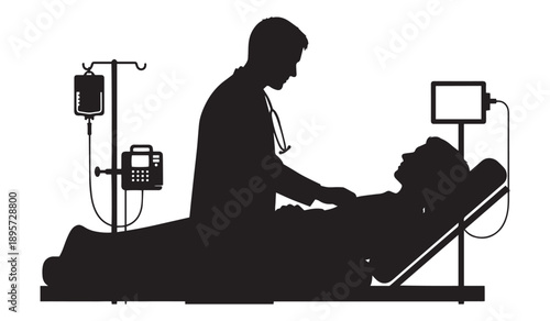 Silhouette of a doctor with a stethoscope examining a patient lying in a hospital bed, with an IV drip and medical equipment, depicting patient care.
