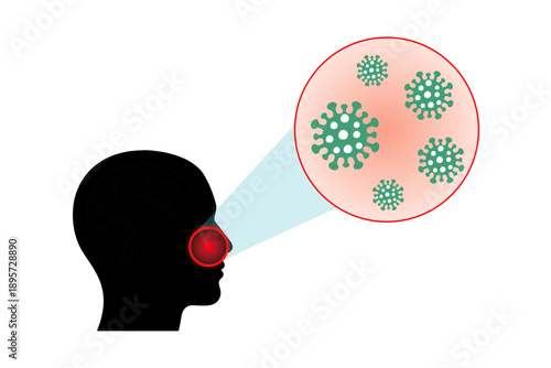 Flu virus infection concept vector, virus entering through the nose. Human head silhouette with magnified virus particles, medical illustration for healthcare, respiratory disease, and epidemic