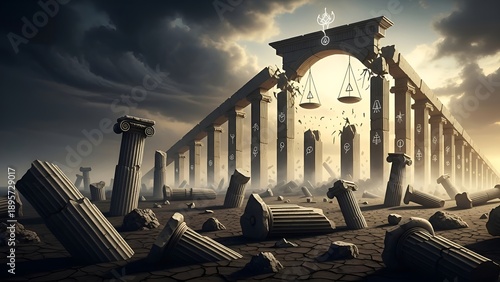 Symbolic ruins of ancient civilization under stormy skies with scales of justice suspended