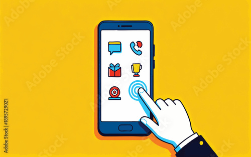 Hand Touching Smartphone Screen with App Icons on Yellow Background