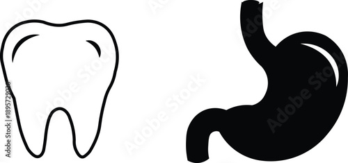 Black icon of a stomach paired with a white outline icon of a tooth