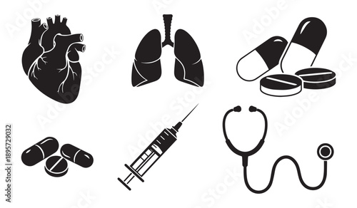 Set of essential black silhouette medical icons including a human heart, anatomical lungs, diverse pills, a precise syringe, and a classic stethoscope, all isolated on a