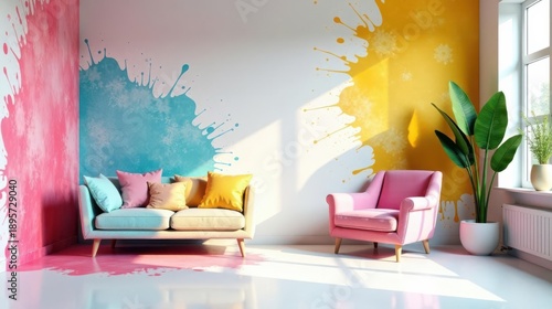 Vibrant living room interior design with pastel colored furniture and artistic splash wall art featuring soothing teal, sunny yellow, and playful pink accents.