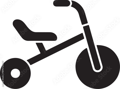 Black silhouette of a three-wheeled child's tricycle with a seat and handlebars on a white background icon graphic