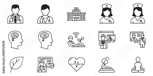Collection of line art icons depicting various aspects of modern healthcare, wellness, mental health, telemedicine, and medical professionals on a clean white background