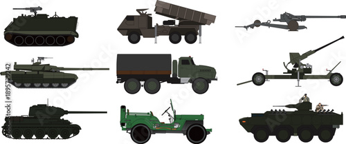 Collection of various military vehicles and artillery, including tanks, trucks, jeeps, and armored carriers, depicted in a simple, illustrative style.