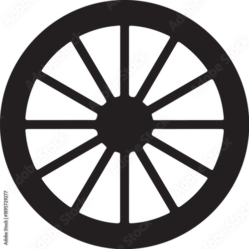 Traditional wagon wheel with spokes, solid black silhouette on white or transparent background