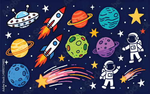 Hand-Drawn Space Adventure Vector Illustration Set