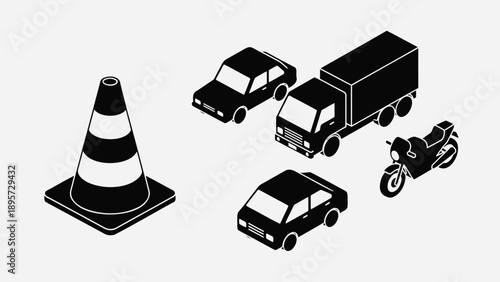 Set of 5 road traffic vehicles and cone icons vector