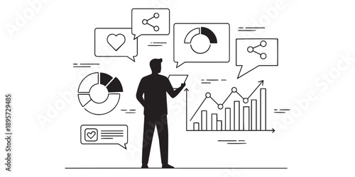 Man holding tablet with financial charts and graphs, surrounded by speech bubbles with like and share icons, symbolizing data analysis and social engagement