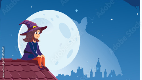Cute witch sitting on roof under the full moon