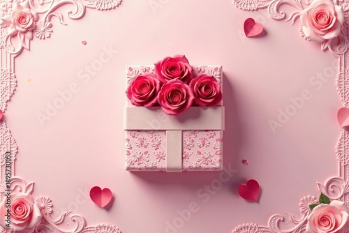 A delicately crafted pink gift box adorned with a cluster of vibrant roses, nestled within an ornate floral frame, perfect for expressing heartfelt affection