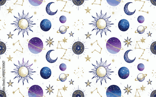 Magic astrology seamless pattern with sun moon and stars cosmic background