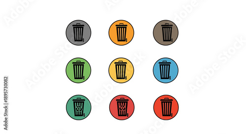 Collection of colorful trash can icons on white background