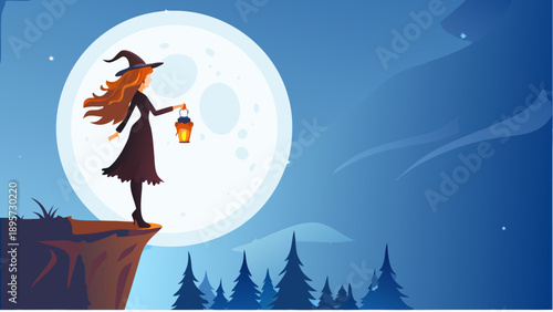 Witch standing on cliff with lantern in mystical moonlit landscape