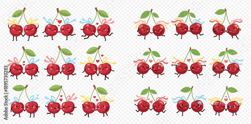 Cute cartoon cherry characters with various emotions and poses, depicting love, happiness, and fun.