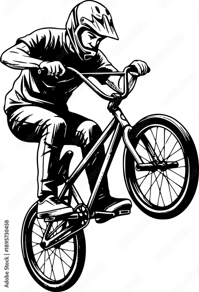 Fototapeta premium Dynamic BMX Rider in Mid-Air Stunt - Artistic Ink Illustration o 