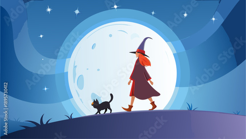 Whimsical witch and cat under a magical moonlit night