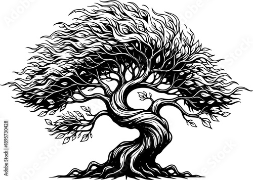 Ancient Twisted Tree with Detailed Roots and Branches