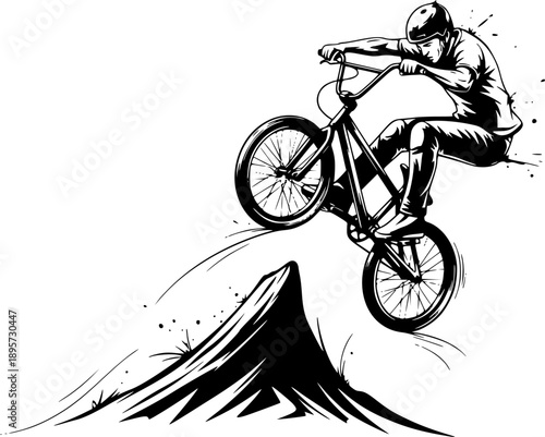 Dynamic BMX Rider in Mid-Air Stunt - Artistic Ink Illustration o
