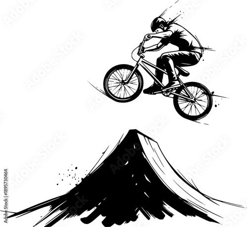 Dynamic BMX Rider in Mid-Air Stunt - Artistic Ink Illustration o
