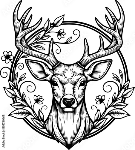 Detailed Engraved Deer Portrait with Floral Accent and Circular

