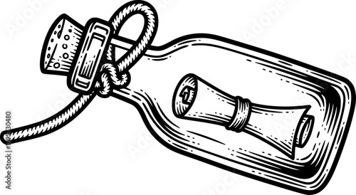 Engraved illustration featuring a message in a bottle connected
