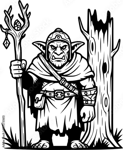 Engraved Fantasy: Forest Troll with Rustic Staff and Ruined Wood
