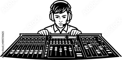 Stylized Audio Technician Illustration with Mixing Console in Su
