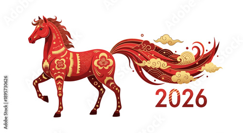 A vibrant red and gold illustration of a Fire Horse for Chinese New Year 2026, symbolizing good fortune and prosperity.