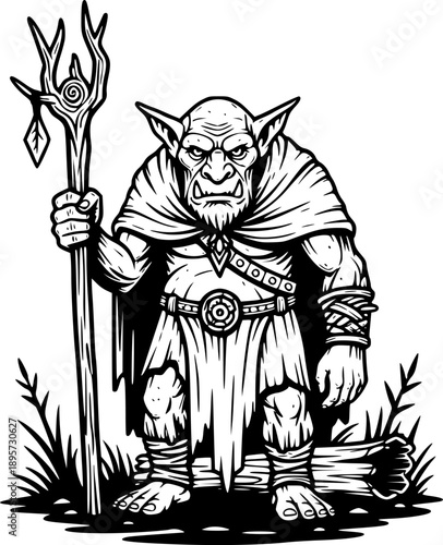Engraved Fantasy: Forest Troll with Rustic Staff and Ruined Wood
