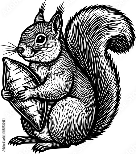 Intricate woodcut illustration of a squirrel hugging a sweet pot
