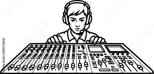 Stylized Audio Technician Illustration with Mixing Console in Su
