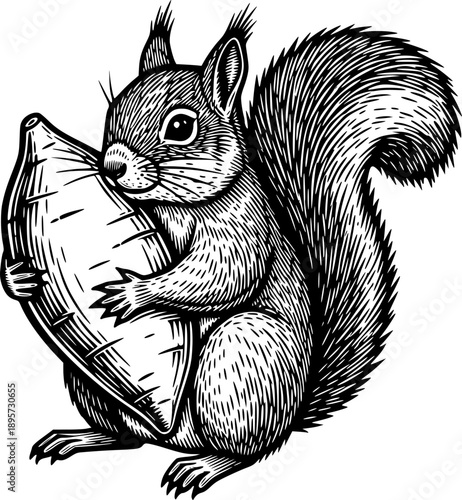 Intricate woodcut illustration of a squirrel hugging a sweet pot
