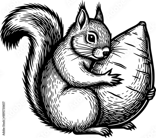 Intricate woodcut illustration of a squirrel hugging a sweet pot

