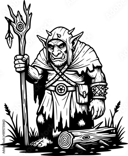 Engraved Fantasy: Forest Troll with Rustic Staff and Ruined Wood
