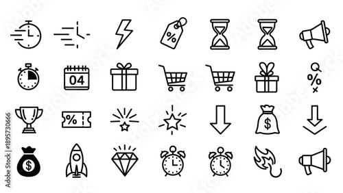 Set of Simple Black Icons Representing Time and Commerce.